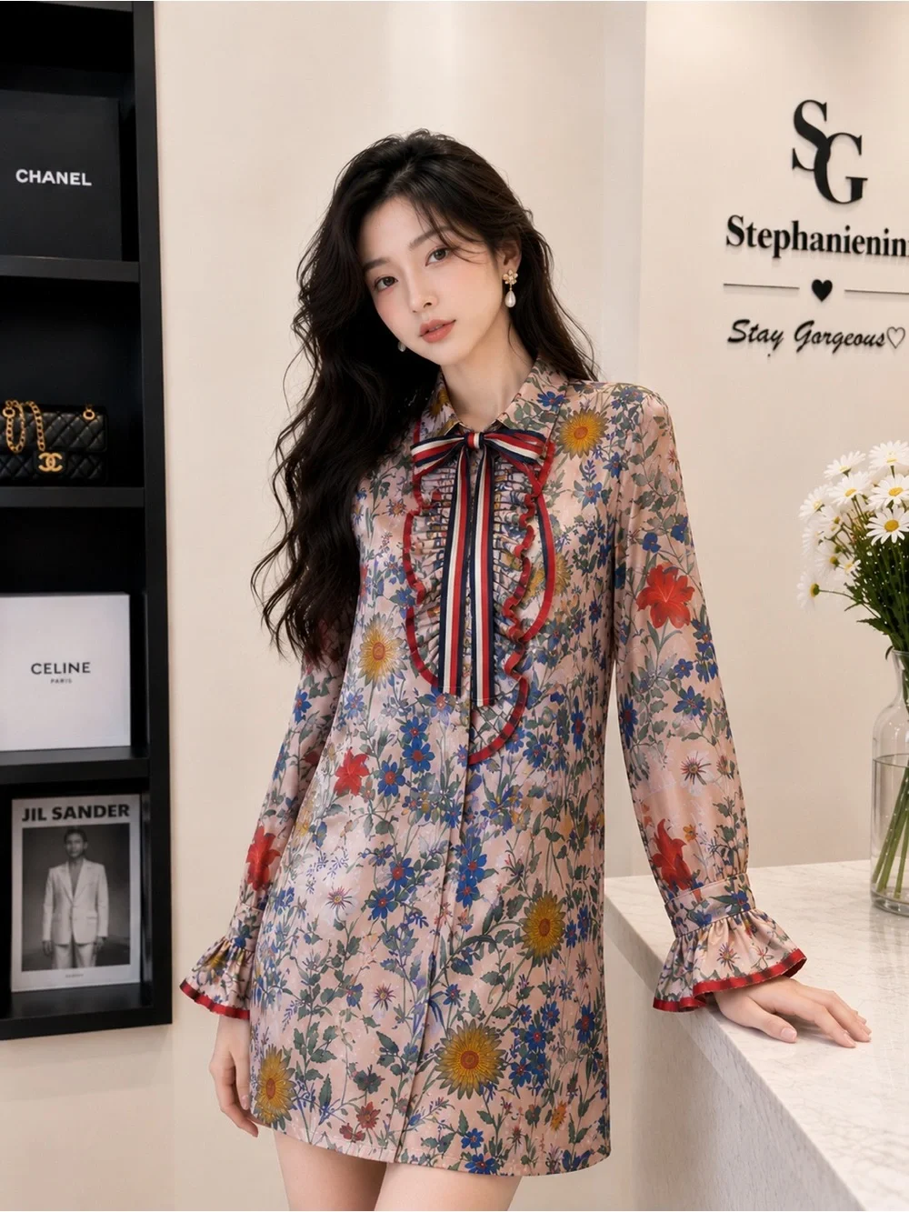 Women’s Floral Print Bow Tie-Neck Ruffle Long Sleeve Mini Dress